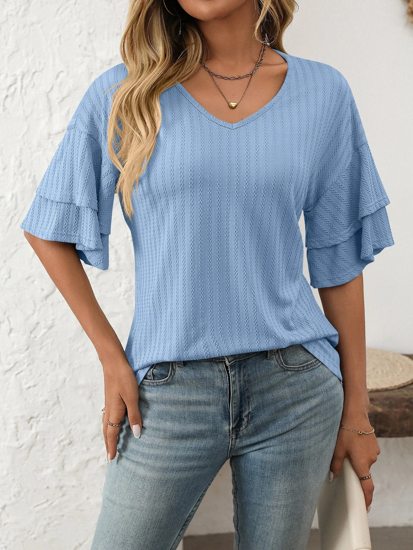 2025 Spring Solid Color V-Neck Ruffle Sleeve Short-Sleeve Top