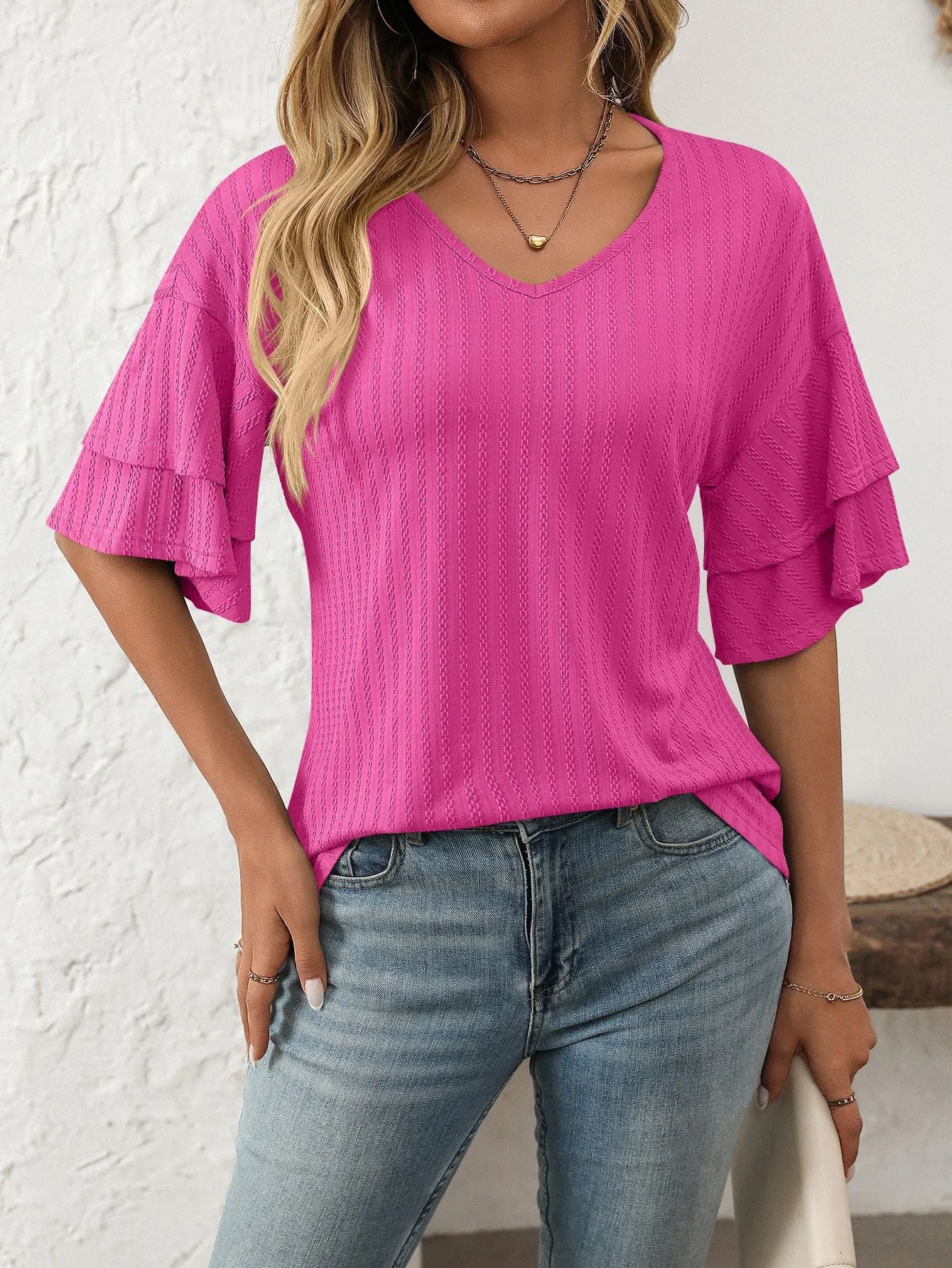 2025 Spring Solid Color V-Neck Ruffle Sleeve Short-Sleeve Top