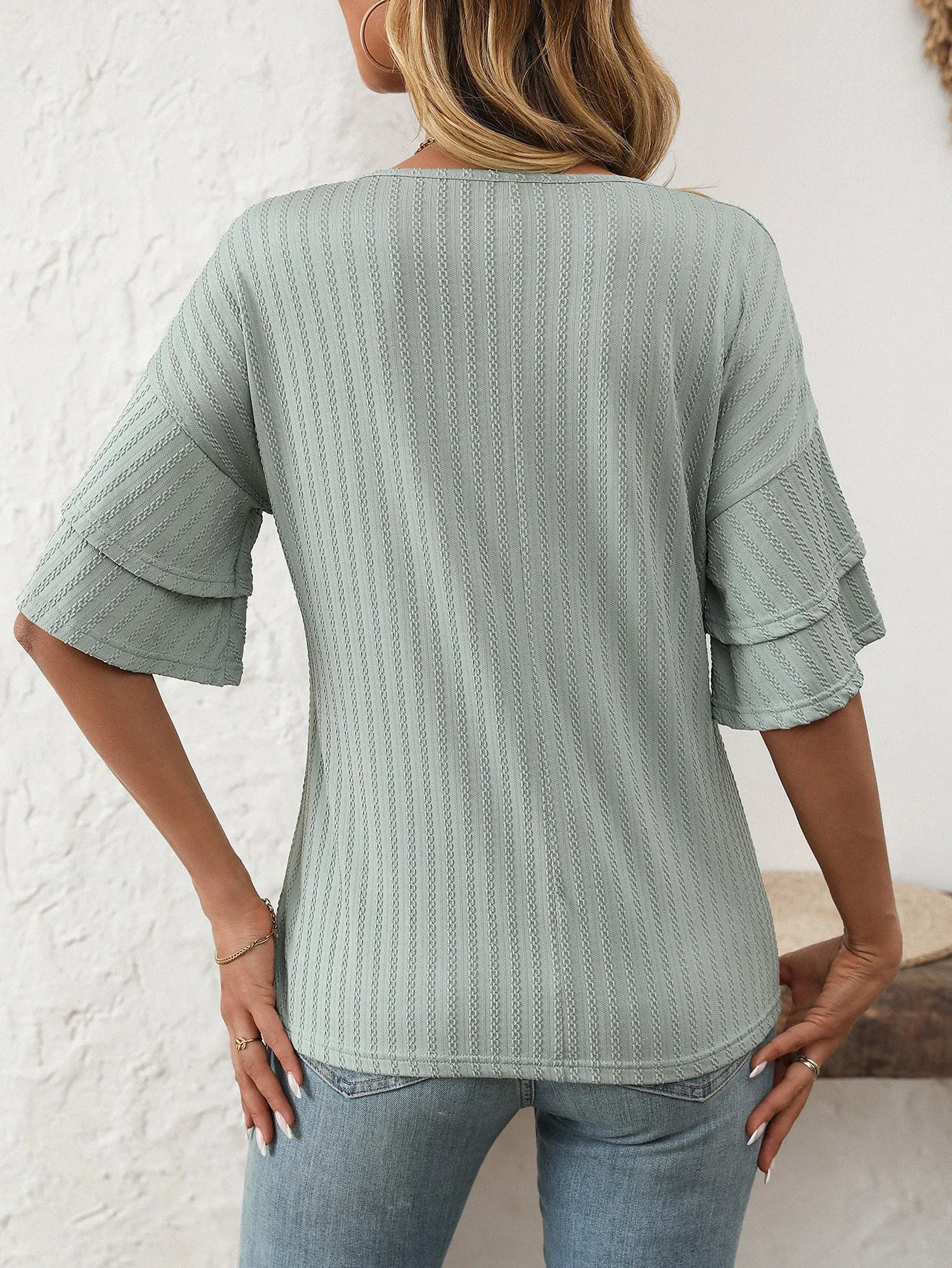 2025 Spring Solid Color V-Neck Ruffle Sleeve Short-Sleeve Top
