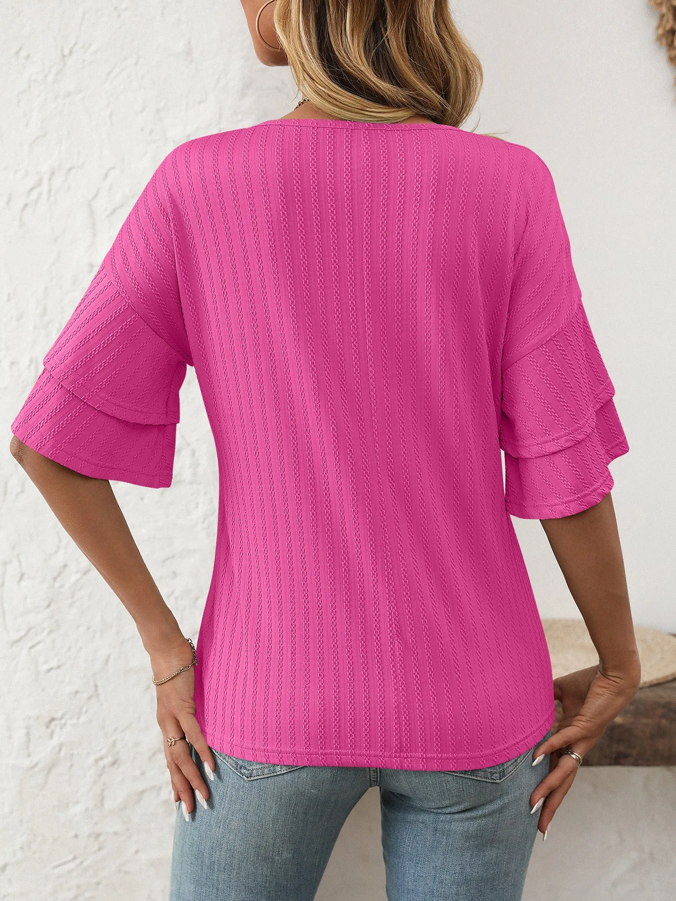 2025 Spring Solid Color V-Neck Ruffle Sleeve Short-Sleeve Top