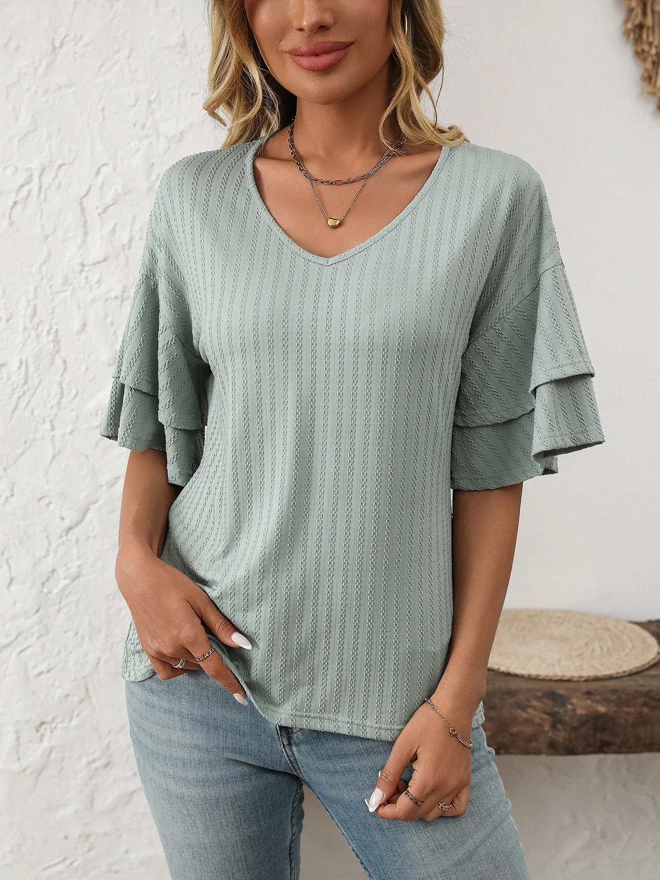 2025 Spring Solid Color V-Neck Ruffle Sleeve Short-Sleeve Top
