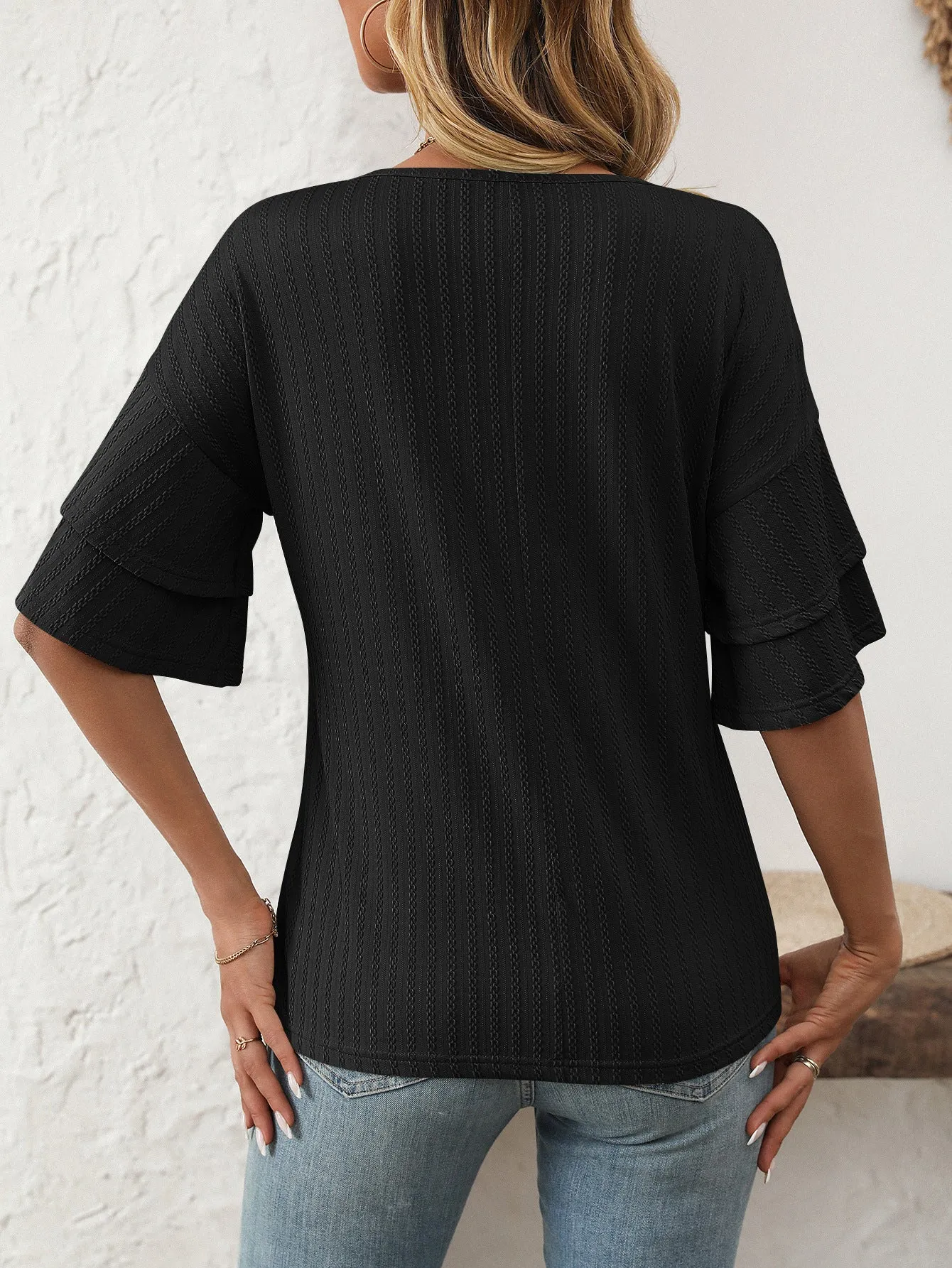 2025 Spring Solid Color V-Neck Ruffle Sleeve Short-Sleeve Top
