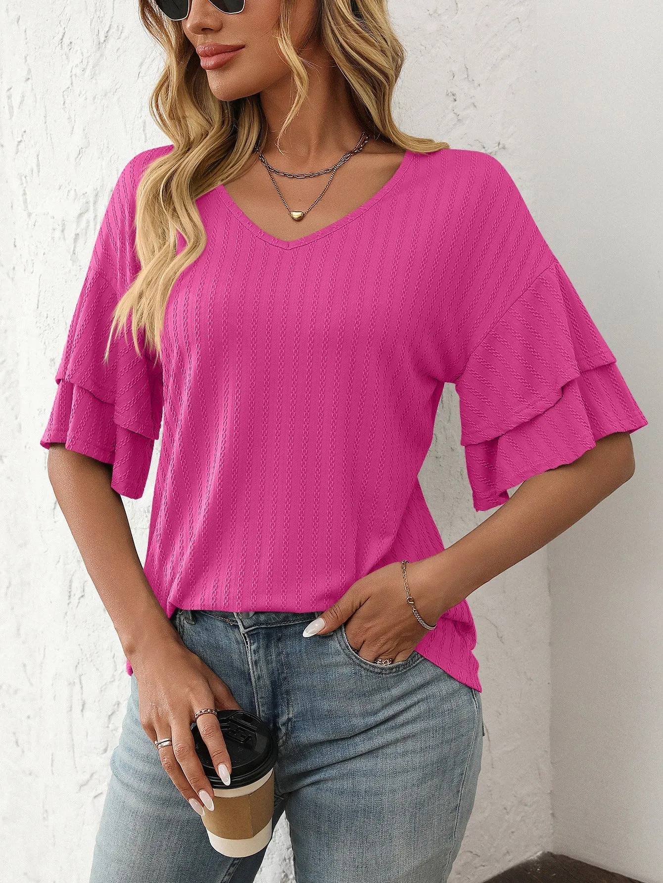 2025 Spring Solid Color V-Neck Ruffle Sleeve Short-Sleeve Top