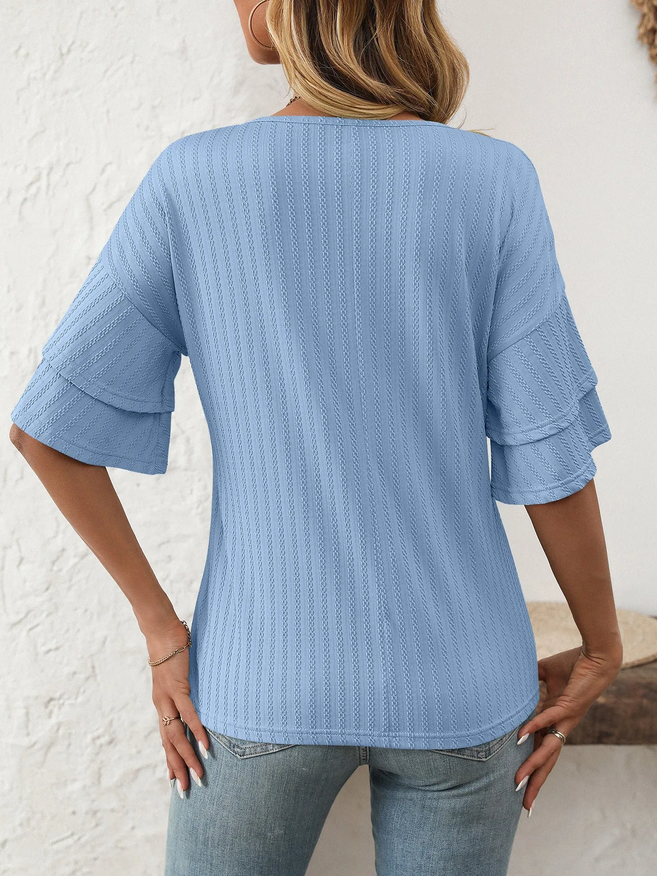 2025 Spring Solid Color V-Neck Ruffle Sleeve Short-Sleeve Top