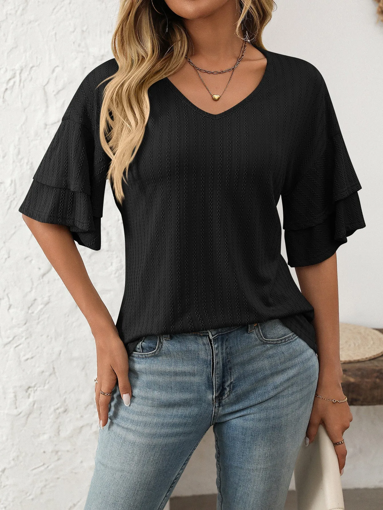 2025 Spring Solid Color V-Neck Ruffle Sleeve Short-Sleeve Top