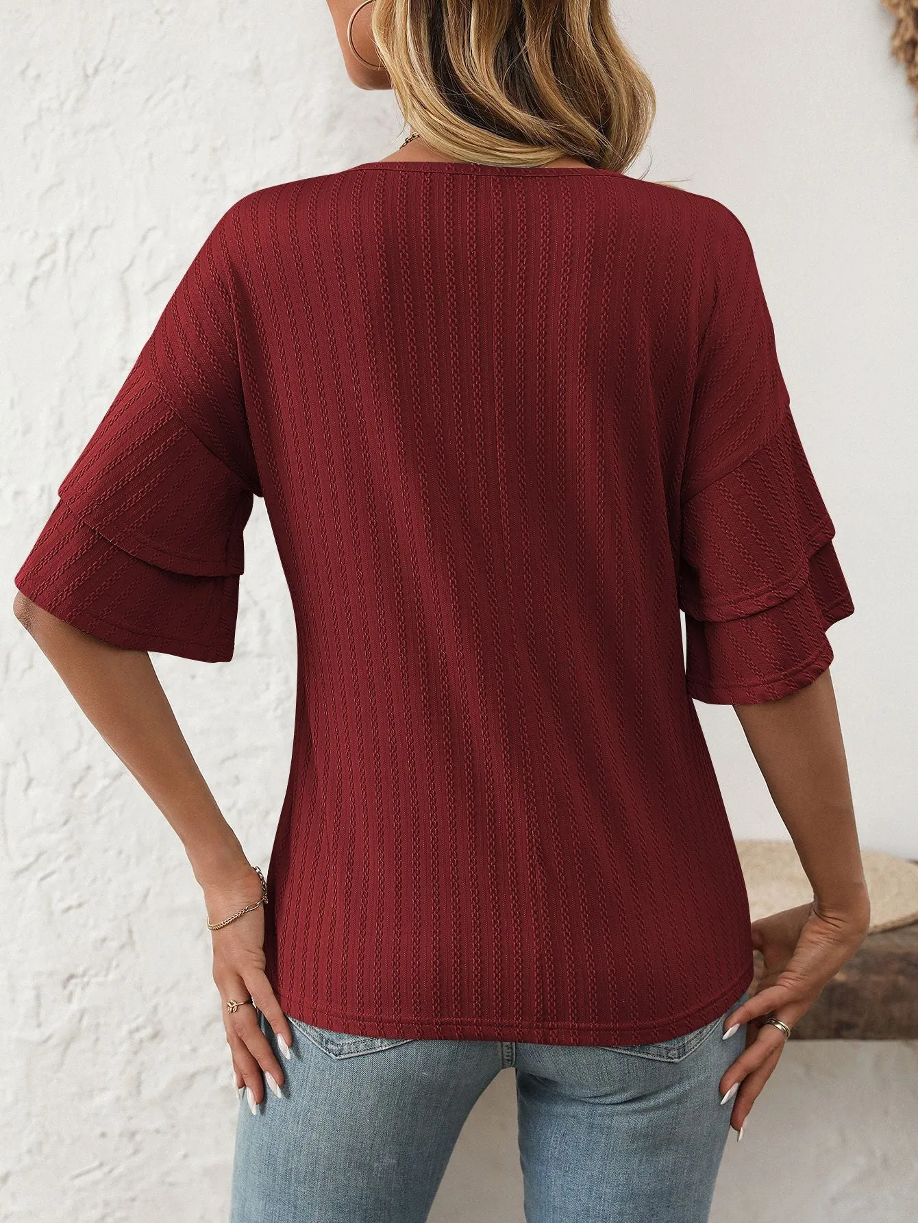 2025 Spring Solid Color V-Neck Ruffle Sleeve Short-Sleeve Top