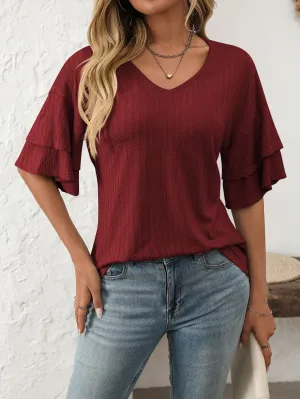 2025 Spring Solid Color V-Neck Ruffle Sleeve Short-Sleeve Top