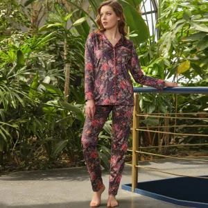 Anil Women Wick Velvet Flower Printed Chest Pocket Long Sleeve Shirt And Pants Pajama Set