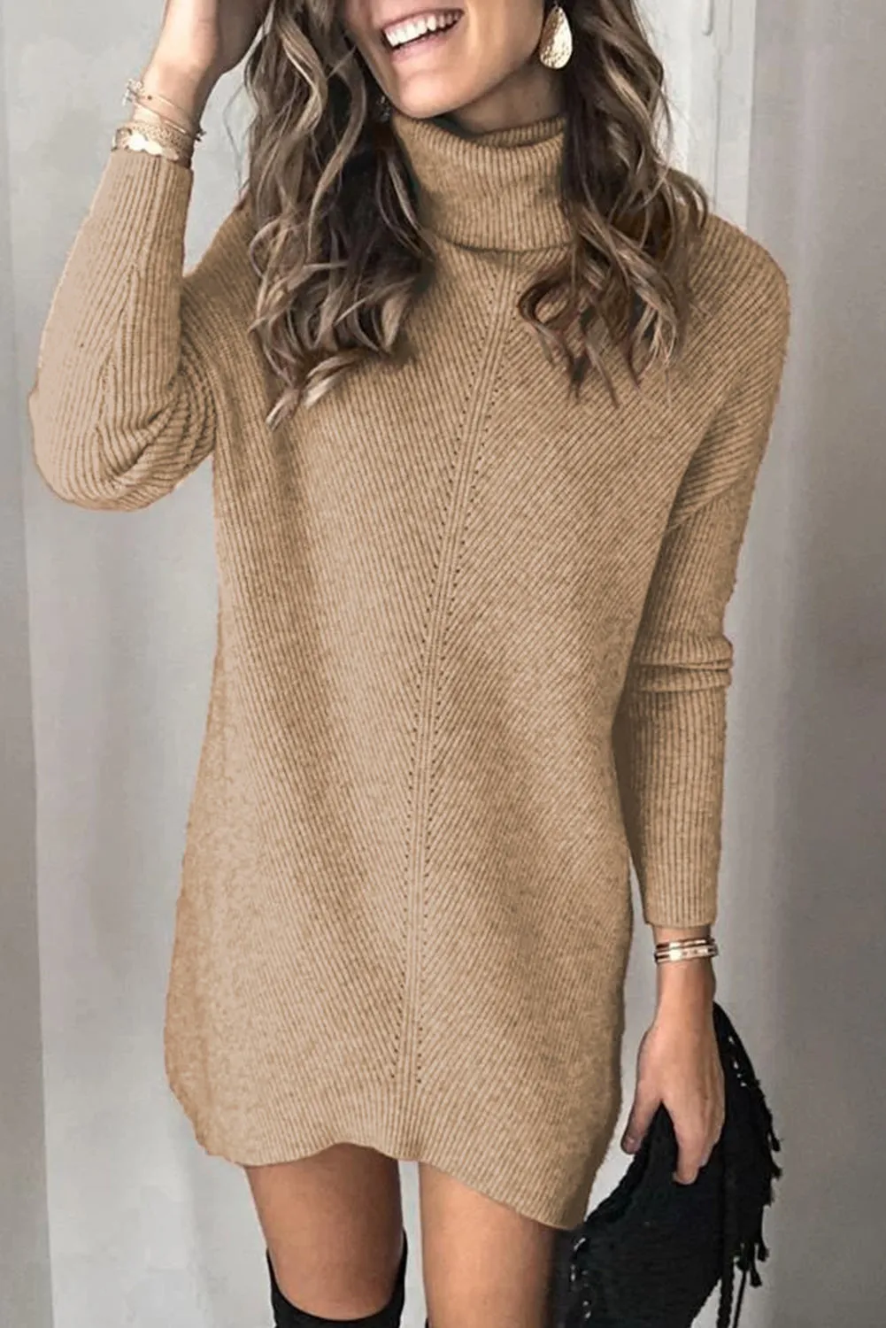 Brown Turtleneck Long Sleeve Knitted Sweater Dress
