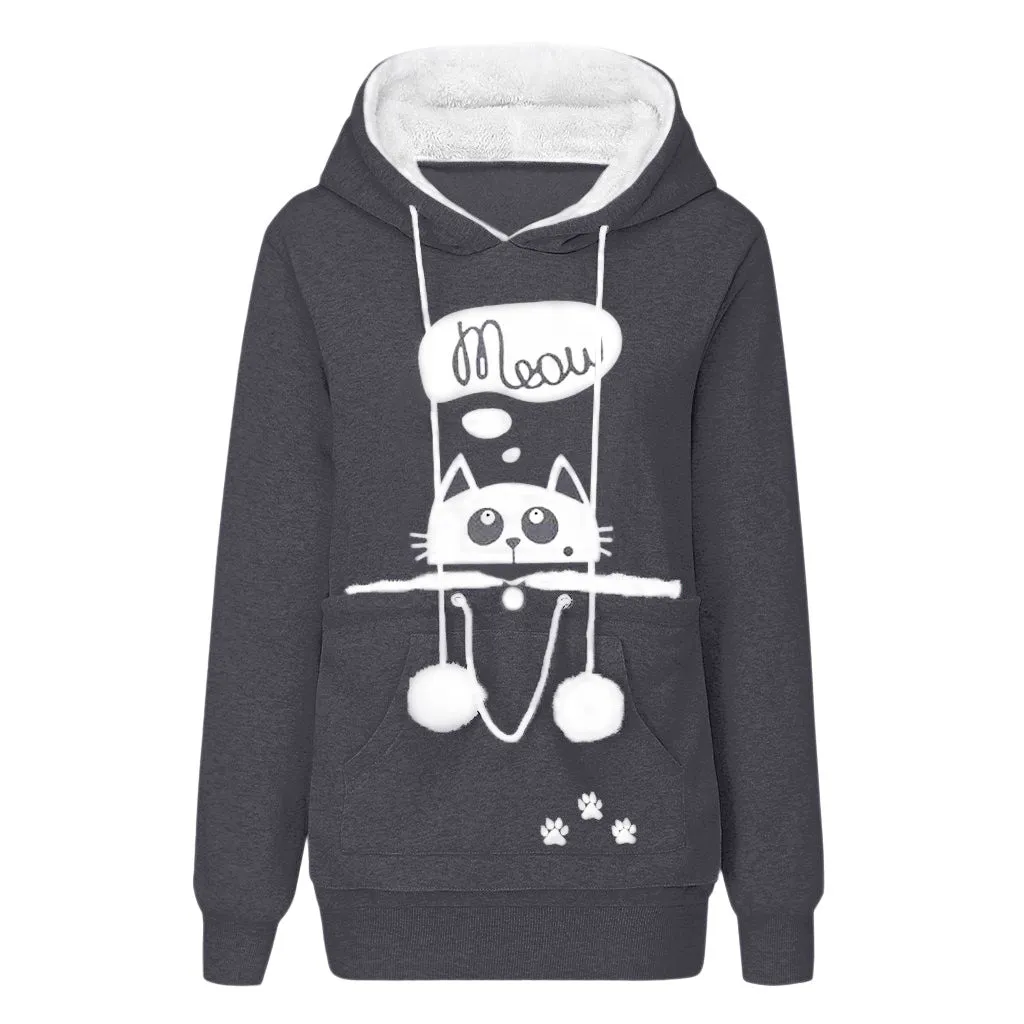 Cozy Cat Print Hoodie with Large Pockets – Women’s Long Sleeve Sweater