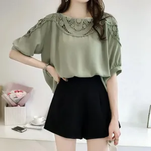 Fashion Spliced Ruffles Hollow Out Lantern Sleeve Blouse Women's Clothing Summer New Oversized Casual Pullovers Sweet Shirt S4603131