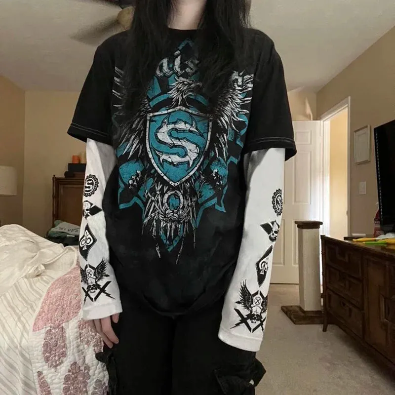Girlary Gothic Grpahics Print T Shirt Vintage Grunge Mall Goth Pullovers Top Patchwork Long Sleeve Tees Y2K Dark Academia Clothes