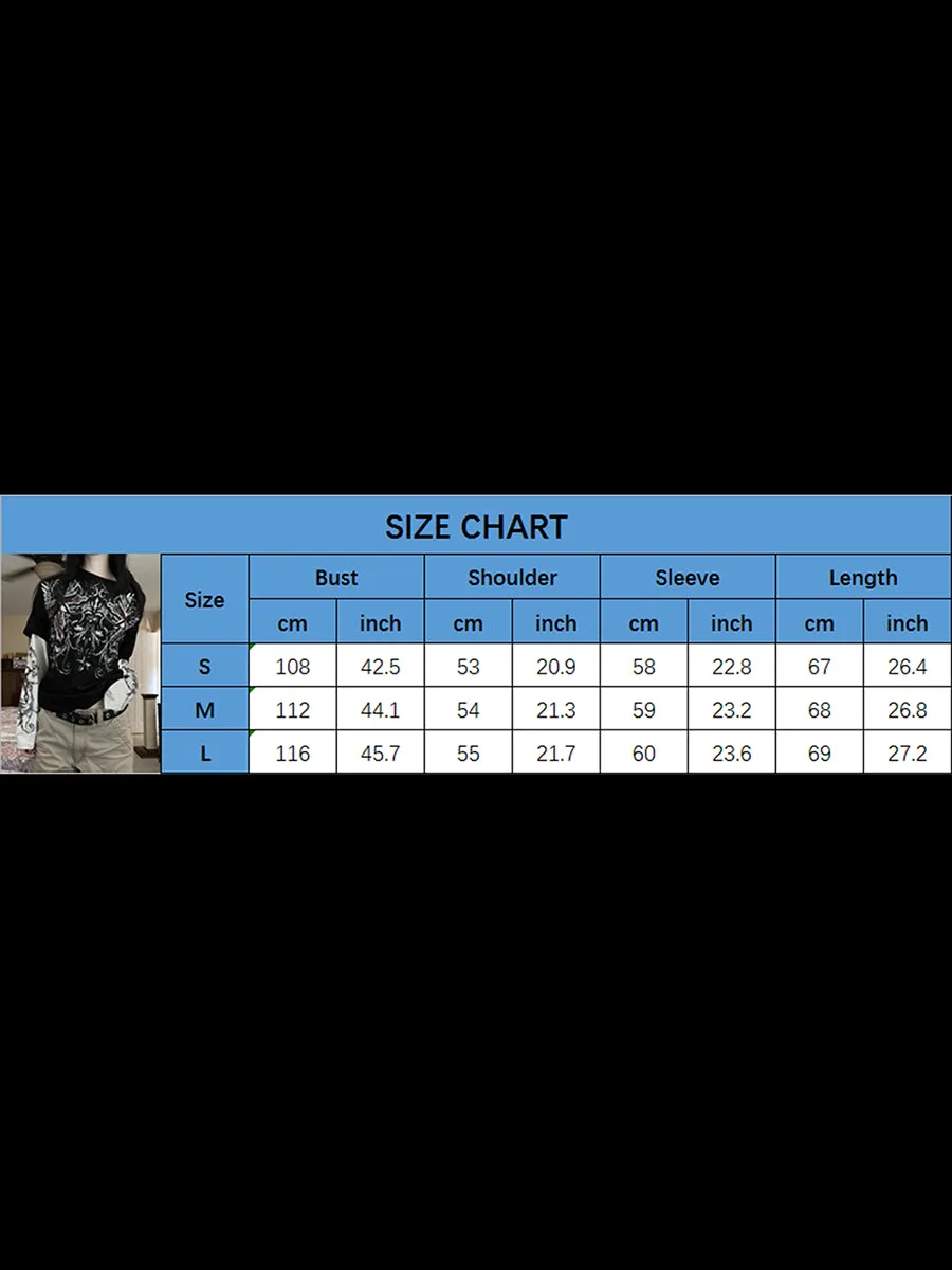 Girlary Gothic Grpahics Print T Shirt Vintage Grunge Mall Goth Pullovers Top Patchwork Long Sleeve Tees Y2K Dark Academia Clothes