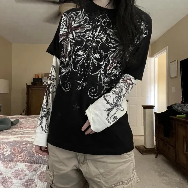 Girlary Gothic Grpahics Print T Shirt Vintage Grunge Mall Goth Pullovers Top Patchwork Long Sleeve Tees Y2K Dark Academia Clothes
