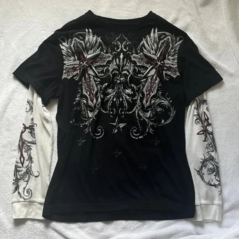 Girlary Gothic Grpahics Print T Shirt Vintage Grunge Mall Goth Pullovers Top Patchwork Long Sleeve Tees Y2K Dark Academia Clothes