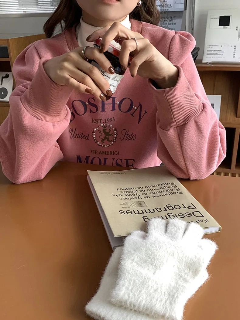 [Korean Style] 2 Color Pearl Embellished Cropped Graphic Sweatshirt