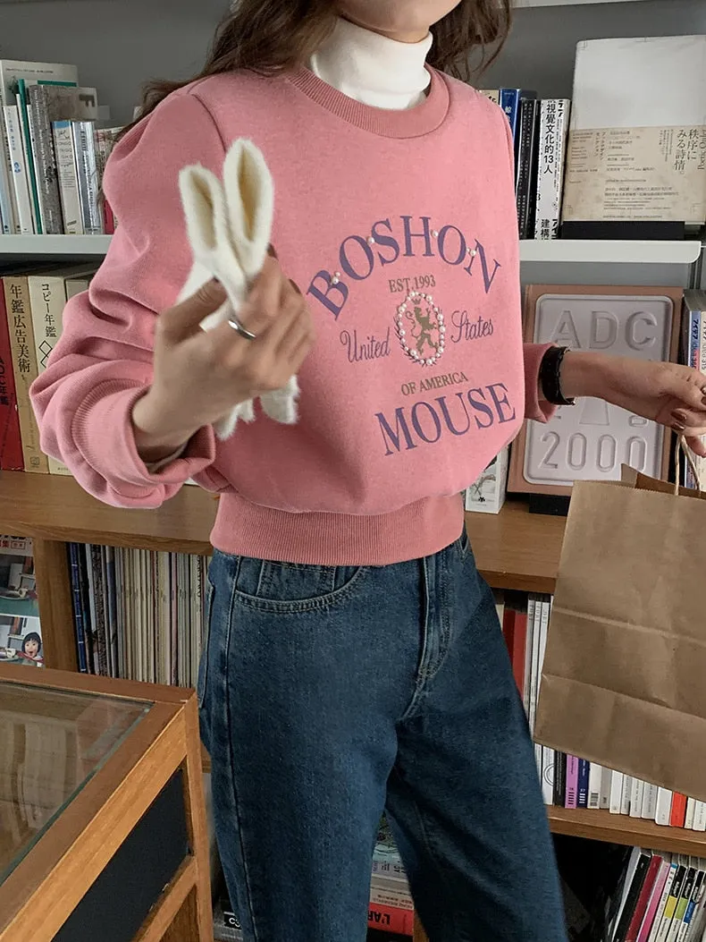 [Korean Style] 2 Color Pearl Embellished Cropped Graphic Sweatshirt