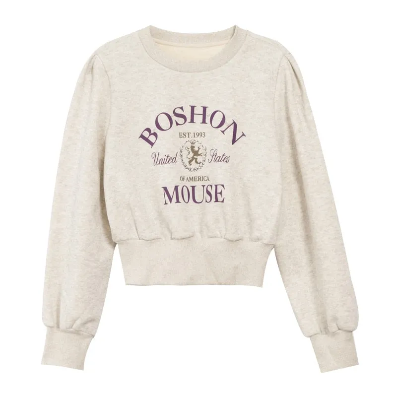 [Korean Style] 2 Color Pearl Embellished Cropped Graphic Sweatshirt