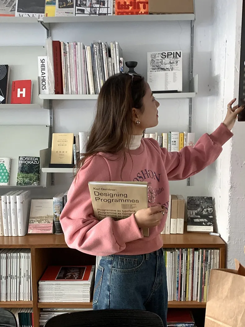 [Korean Style] 2 Color Pearl Embellished Cropped Graphic Sweatshirt