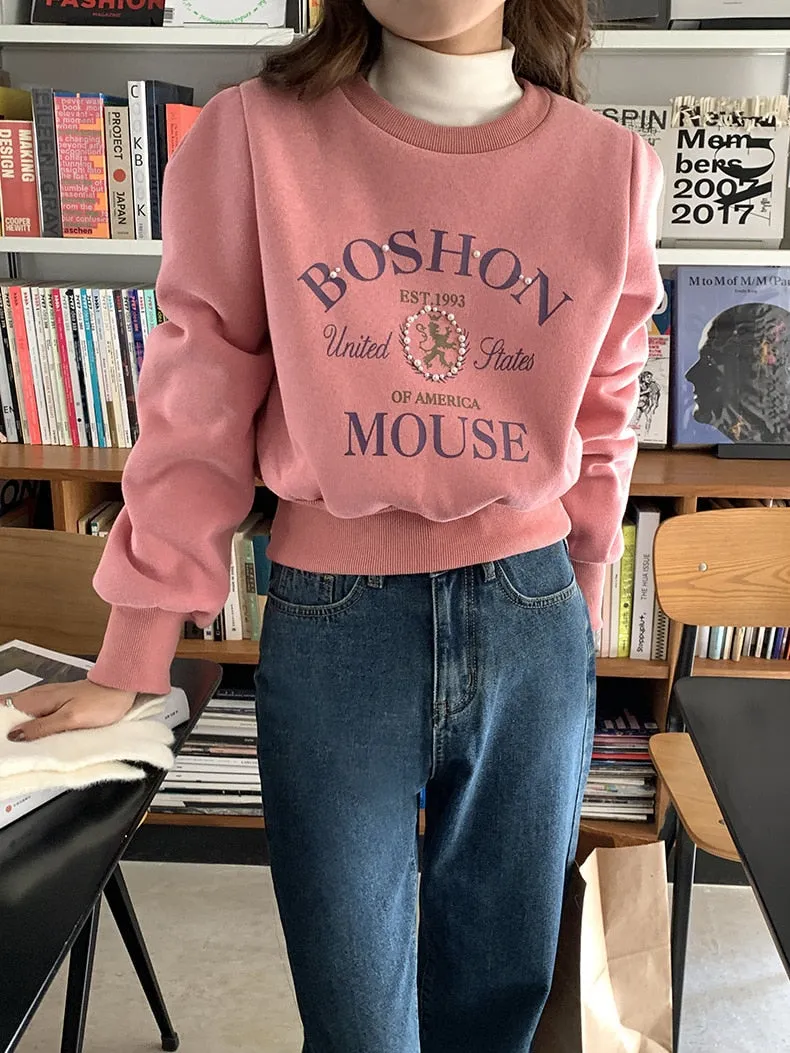 [Korean Style] 2 Color Pearl Embellished Cropped Graphic Sweatshirt
