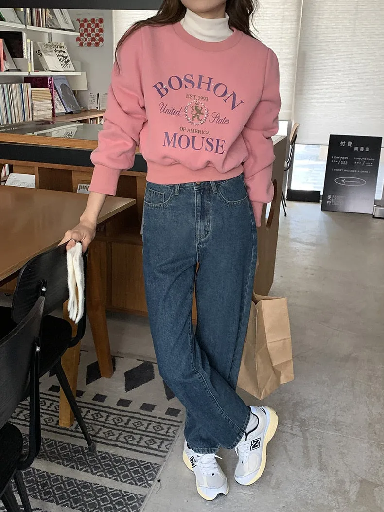 [Korean Style] 2 Color Pearl Embellished Cropped Graphic Sweatshirt