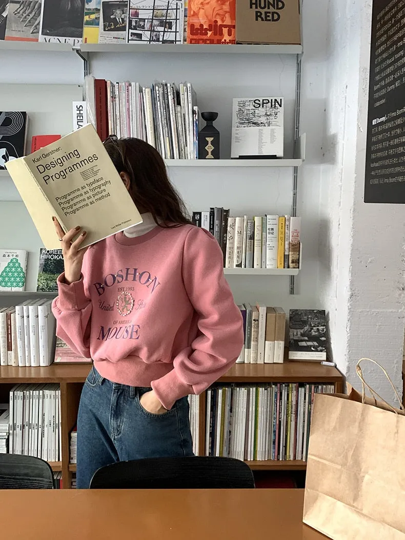 [Korean Style] 2 Color Pearl Embellished Cropped Graphic Sweatshirt