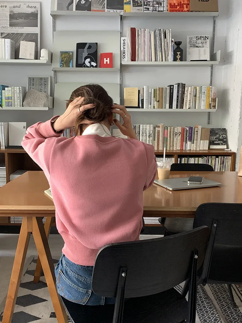 [Korean Style] 2 Color Pearl Embellished Cropped Graphic Sweatshirt