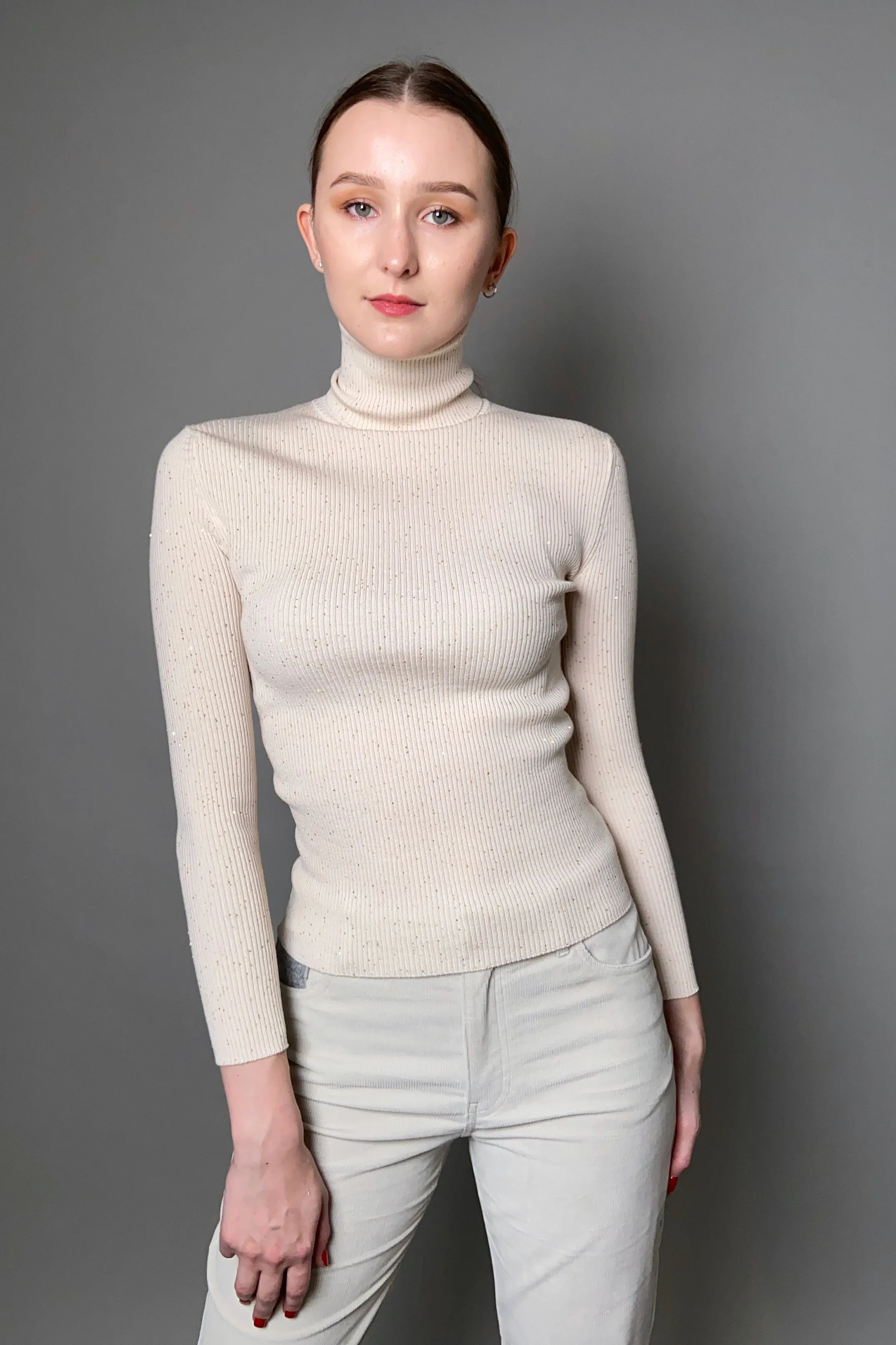 Lorena Antoniazzi Ribbed Sequin Turtleneck in Cream