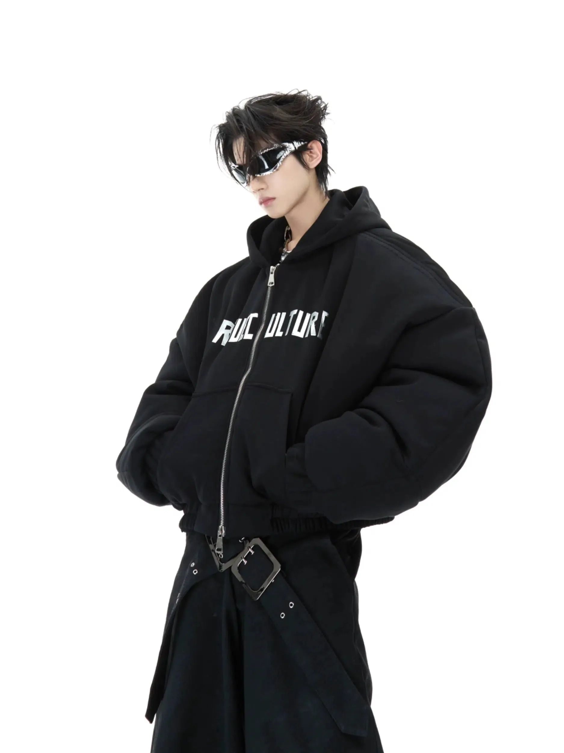 Metallic Text Print Hooded Jacket