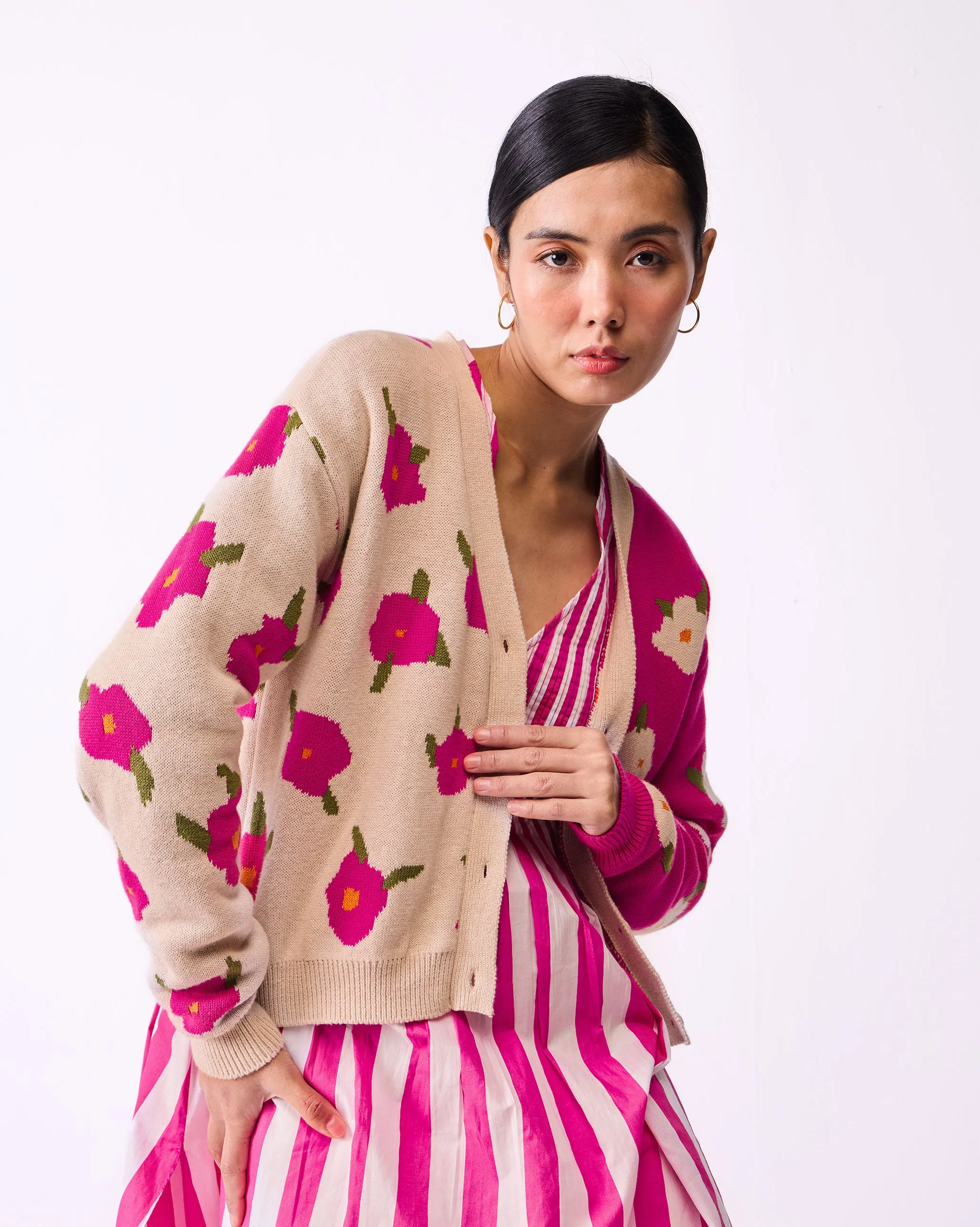 Raven Cardigan - Fuchsia & Oatmeal