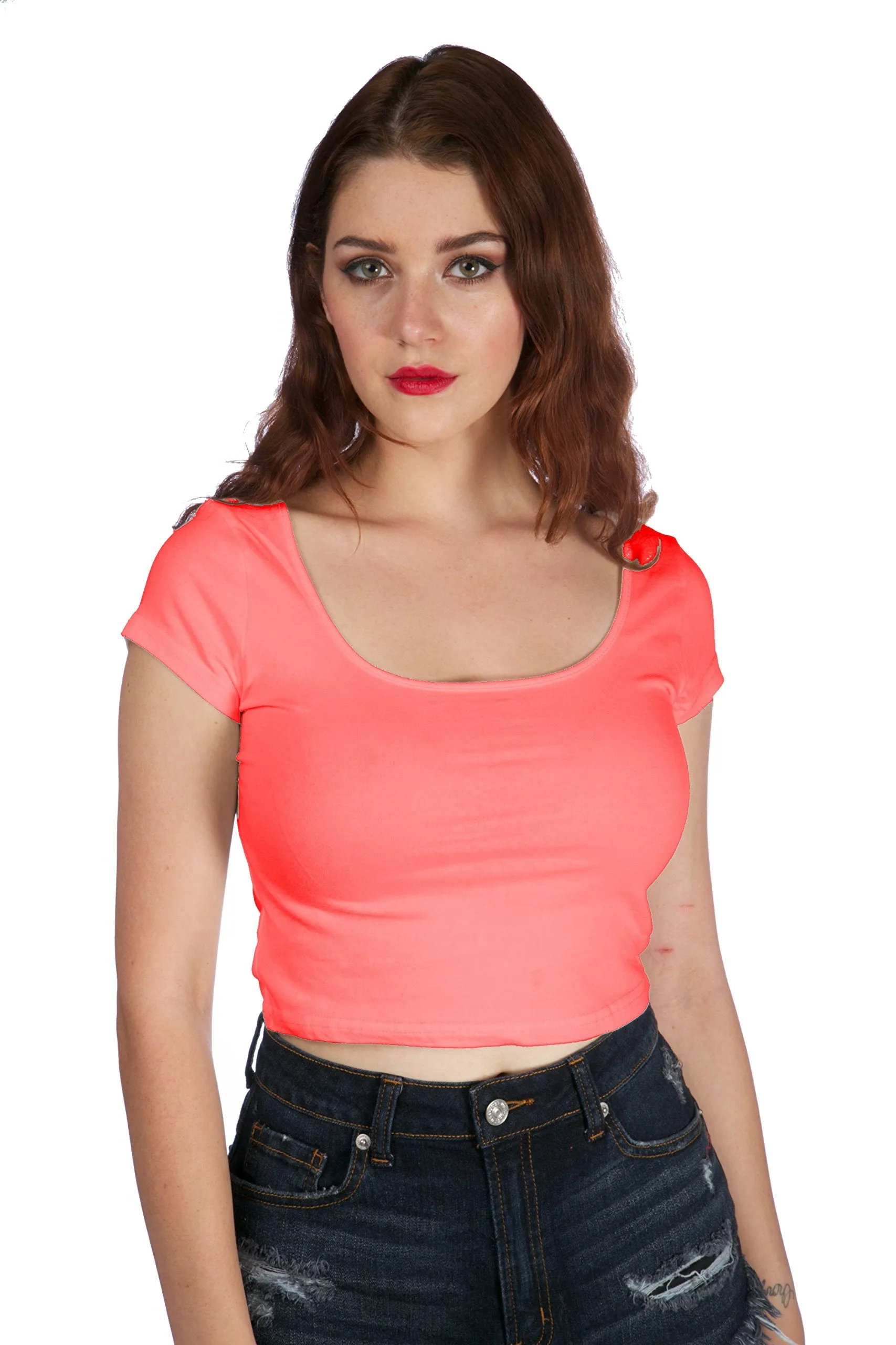 Short cap sleeve criss-cross top cotton spandex (Medium, Coral)