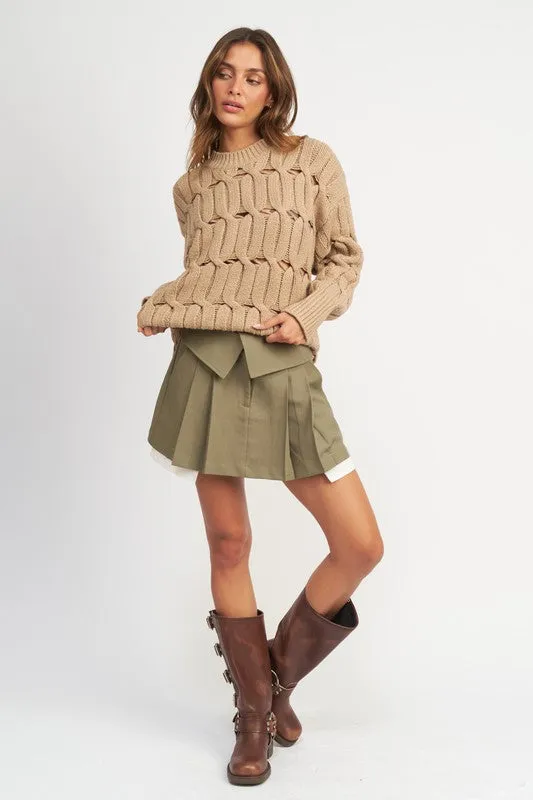 TAUPE OPEN KNIT SWEATER WITH SLITS