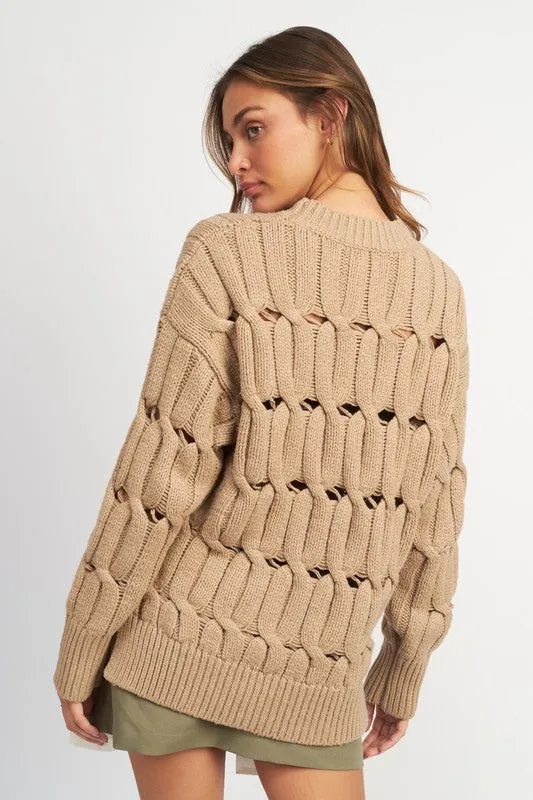 TAUPE OPEN KNIT SWEATER WITH SLITS