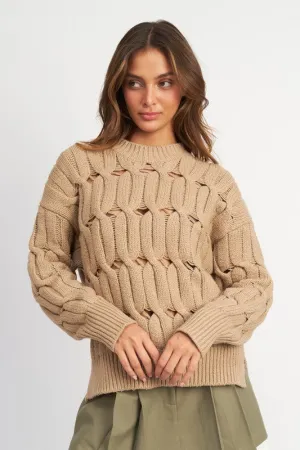TAUPE OPEN KNIT SWEATER WITH SLITS
