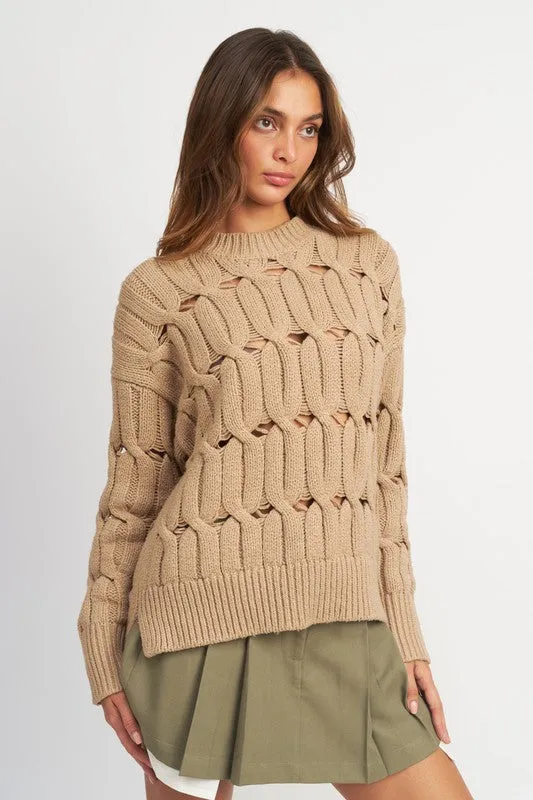 TAUPE OPEN KNIT SWEATER WITH SLITS