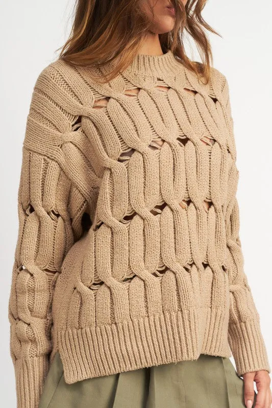 TAUPE OPEN KNIT SWEATER WITH SLITS