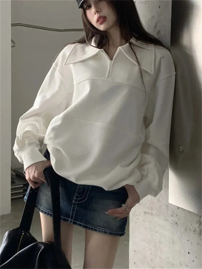 Territory  White Sweatshirts Women Lapel All Match Loose Minimalist Autumn Office Lady High Street Full Sleeve Chic New