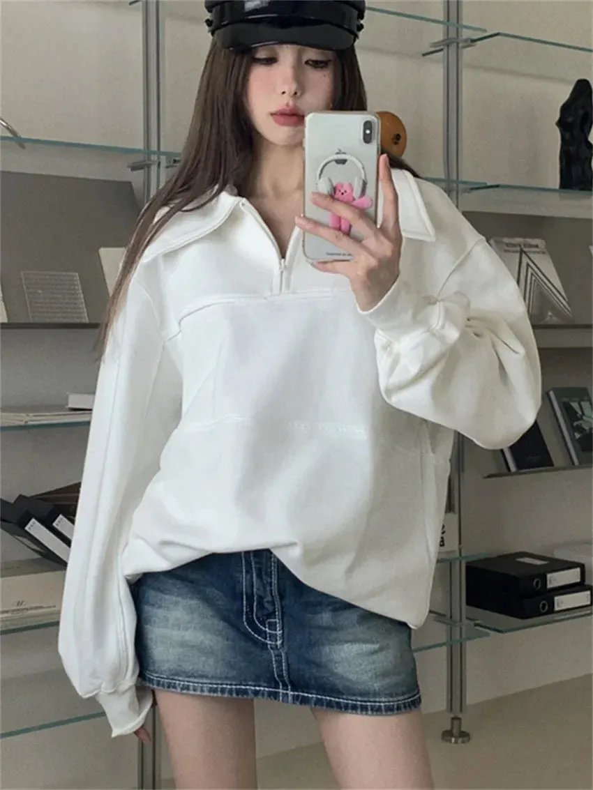 Territory  White Sweatshirts Women Lapel All Match Loose Minimalist Autumn Office Lady High Street Full Sleeve Chic New