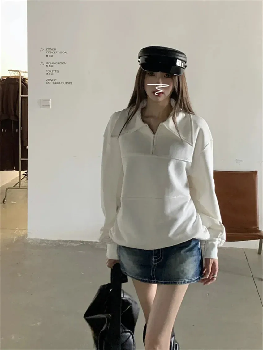 Territory  White Sweatshirts Women Lapel All Match Loose Minimalist Autumn Office Lady High Street Full Sleeve Chic New