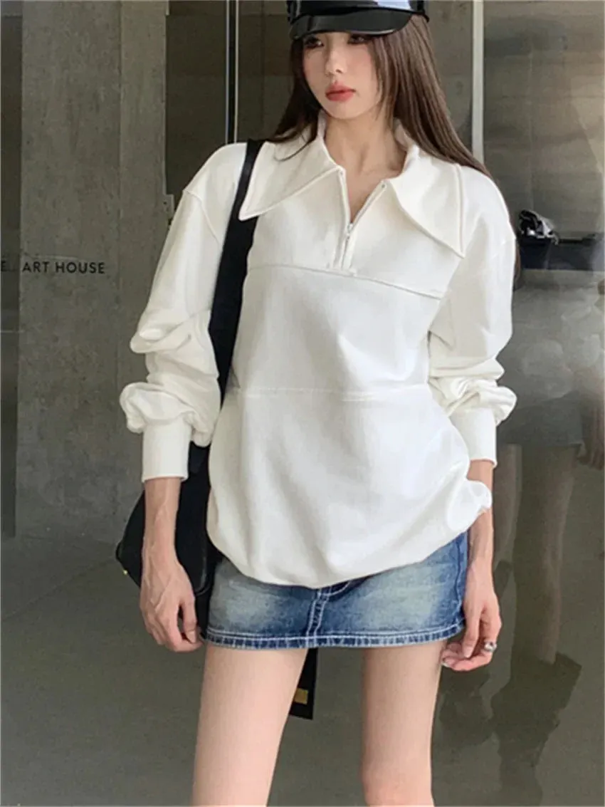 Territory  White Sweatshirts Women Lapel All Match Loose Minimalist Autumn Office Lady High Street Full Sleeve Chic New