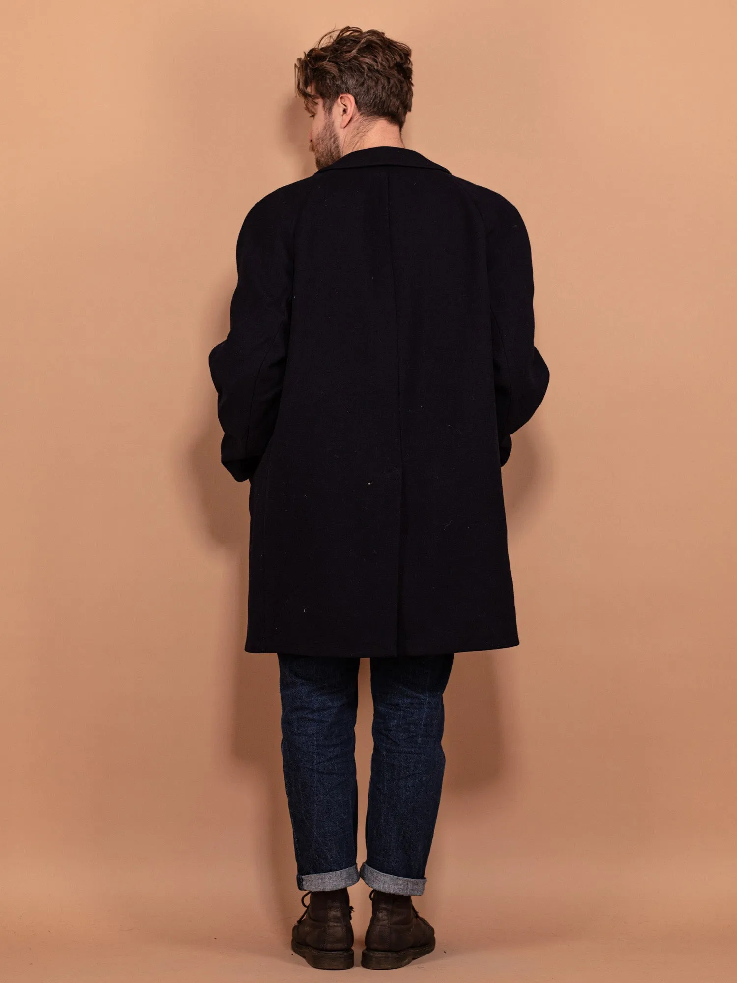 Vintage 70's Men Minimalist Wool Coat in Navy Blue