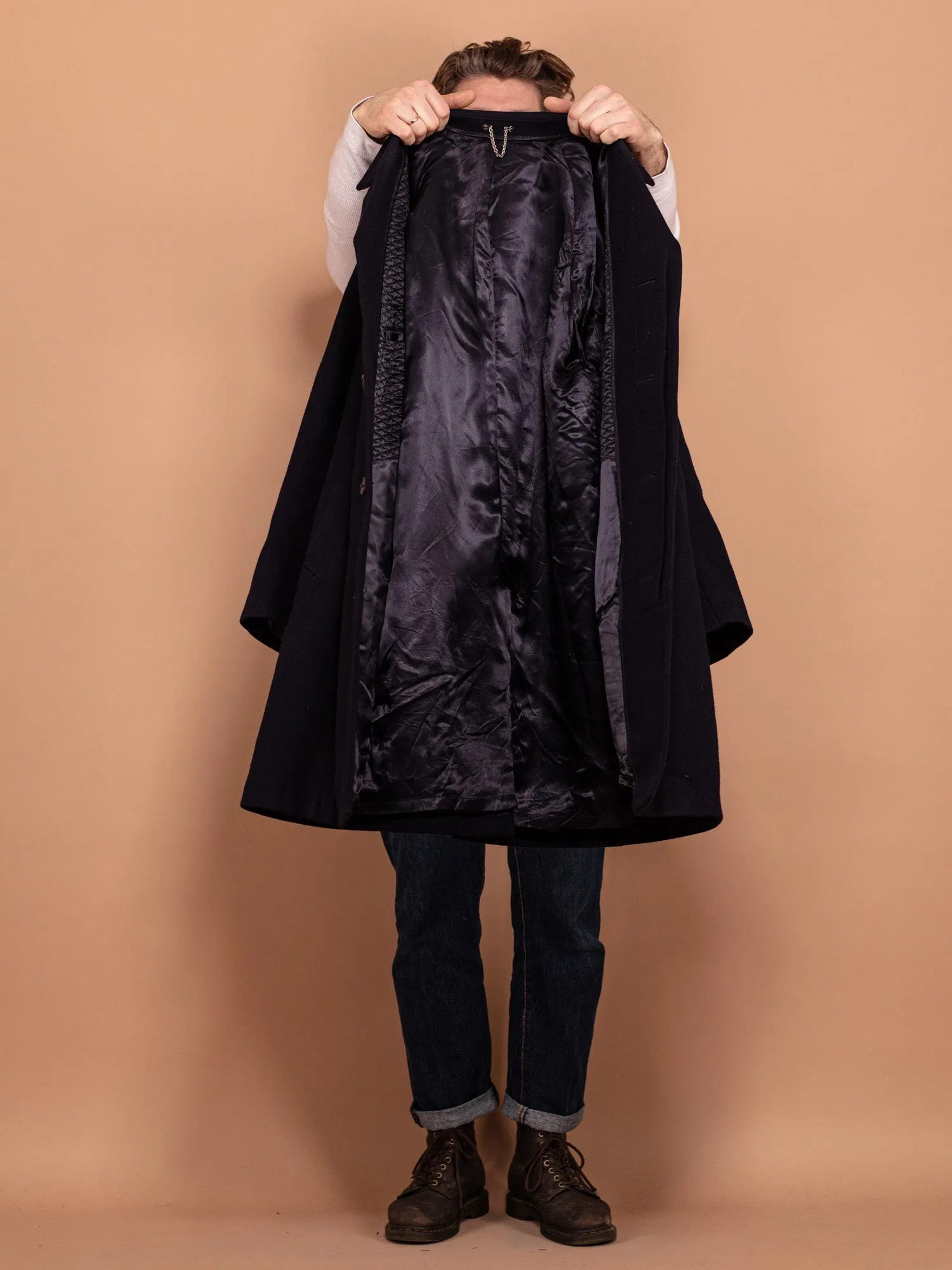 Vintage 70's Men Minimalist Wool Coat in Navy Blue