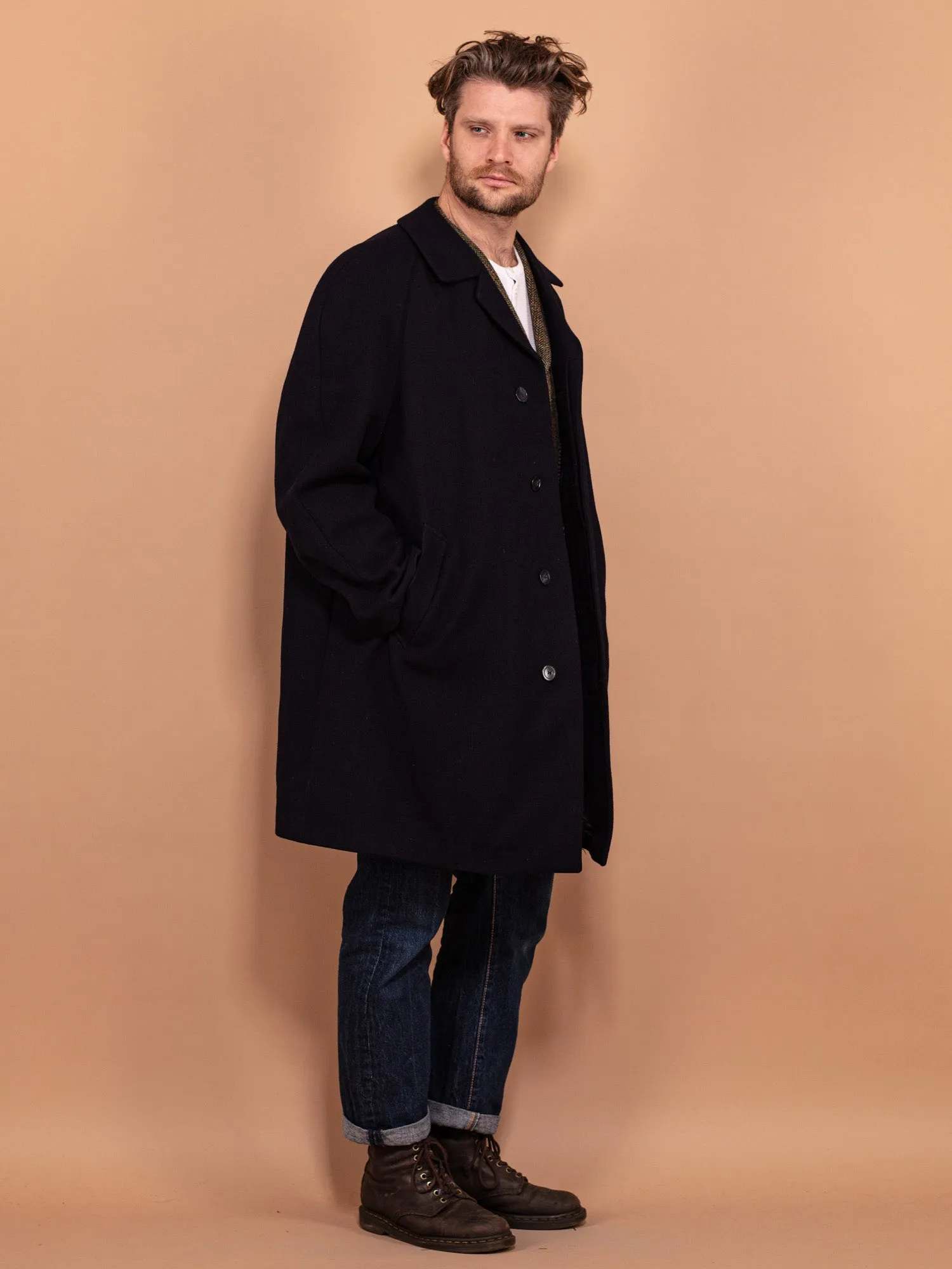Vintage 70's Men Minimalist Wool Coat in Navy Blue