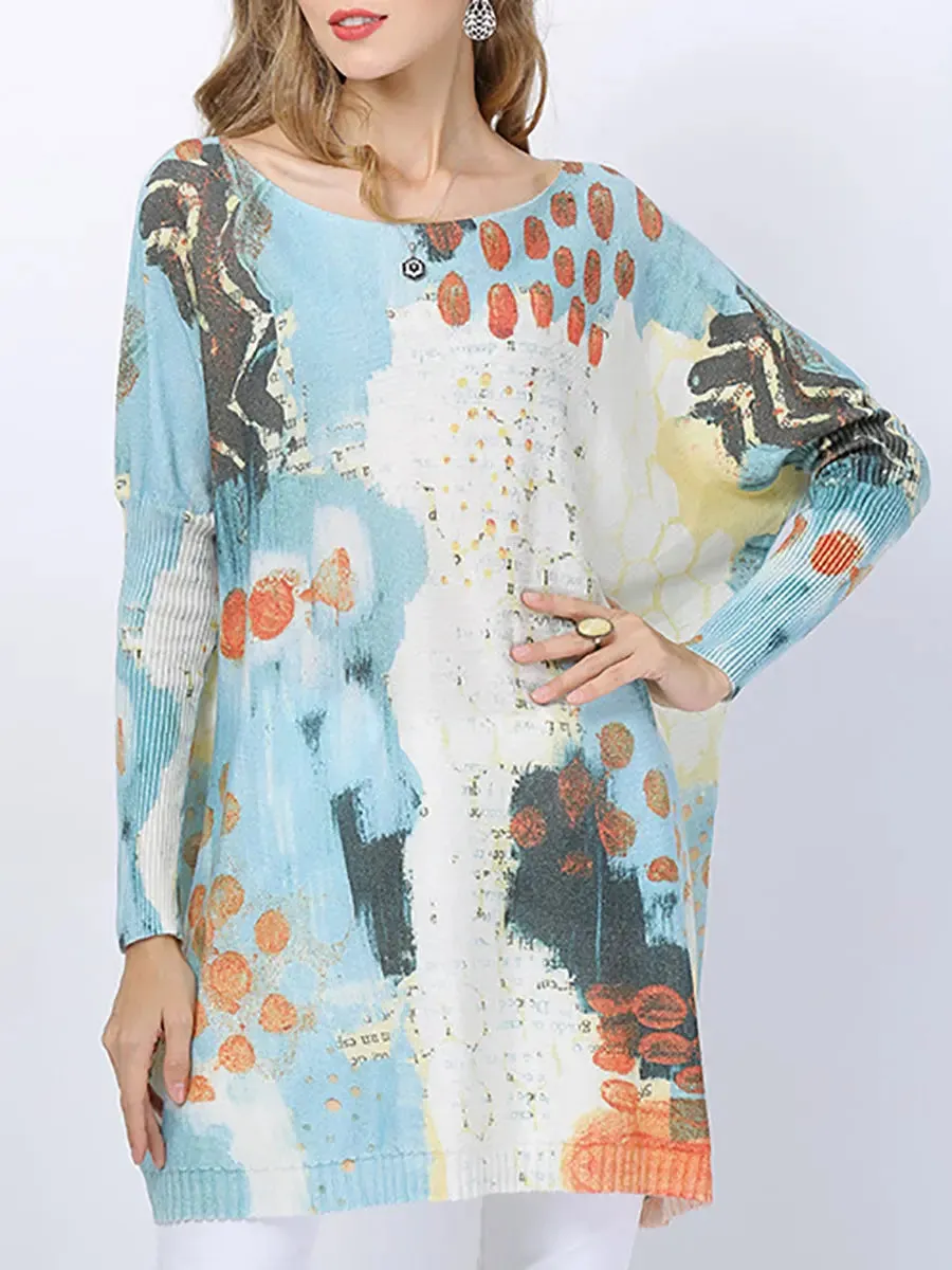 Women Print Pullover Knitted Long Sweater