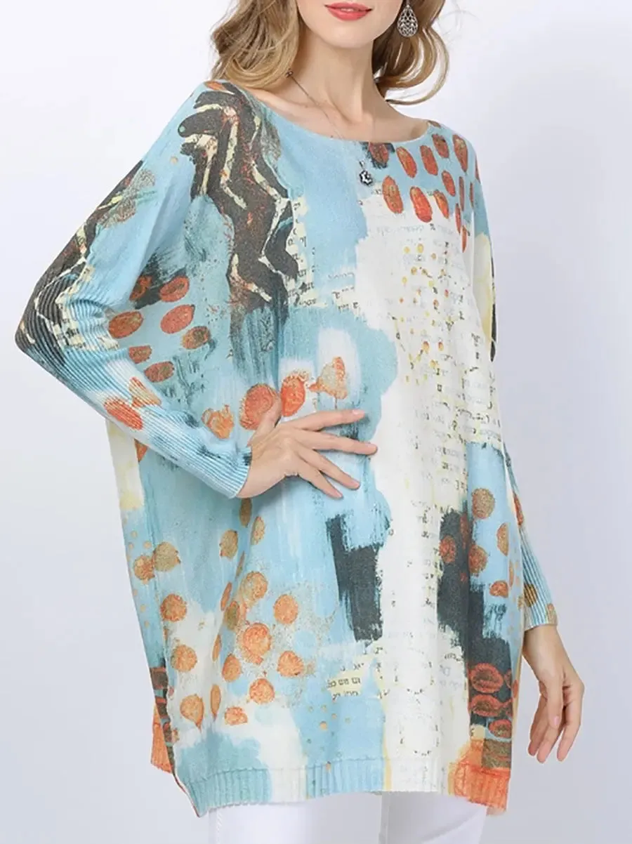 Women Print Pullover Knitted Long Sweater