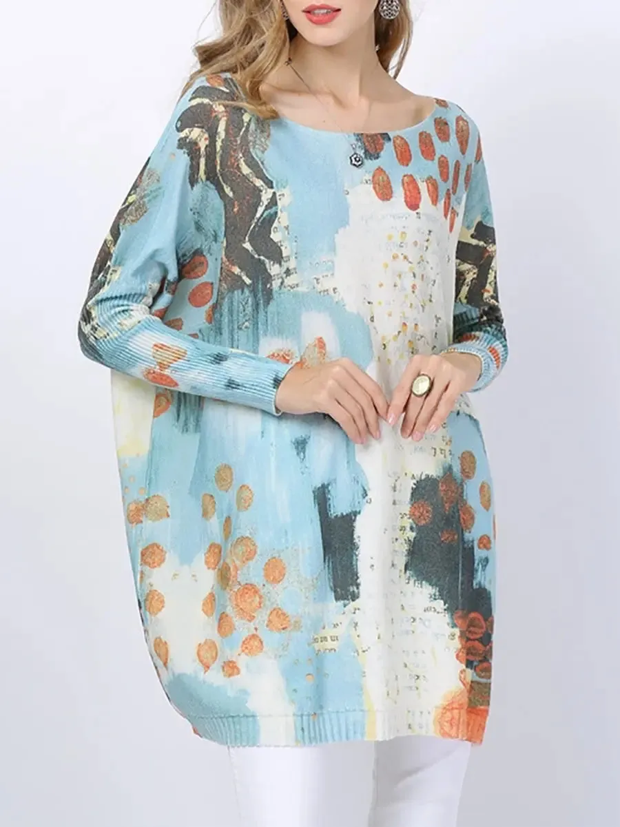 Women Print Pullover Knitted Long Sweater