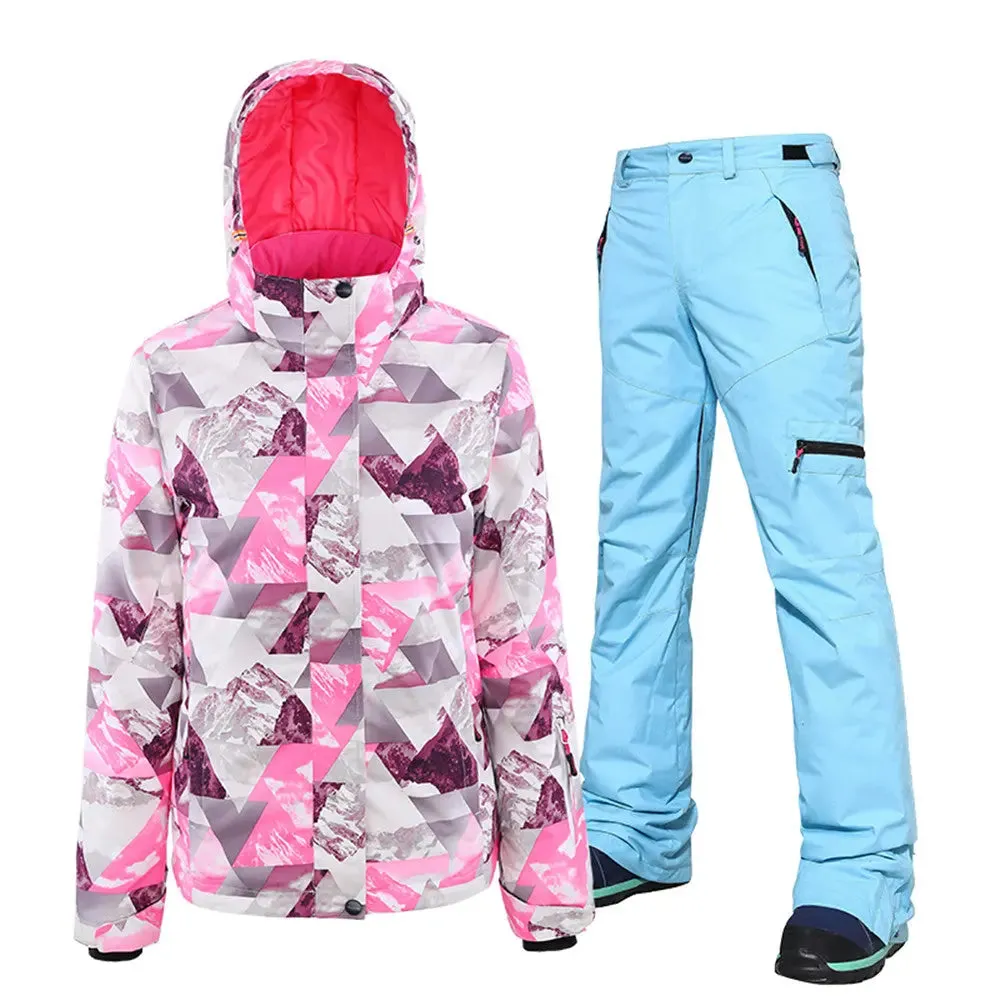 Women's Printed Zipper Button Ski Jacket & Bibs Pants