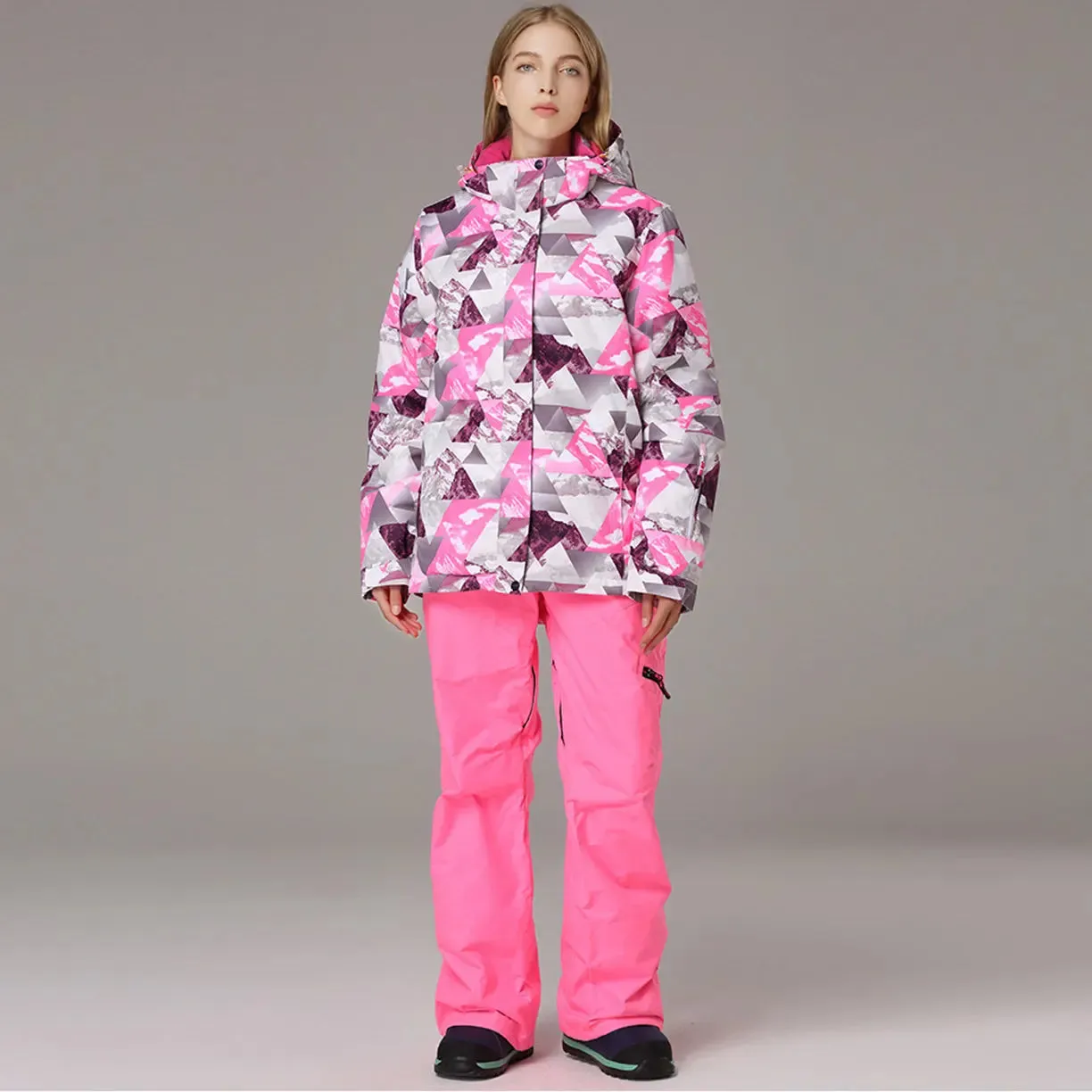 Women's Printed Zipper Button Ski Jacket & Bibs Pants