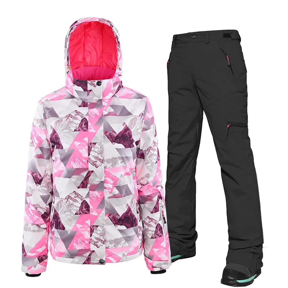 Women's Printed Zipper Button Ski Jacket & Bibs Pants