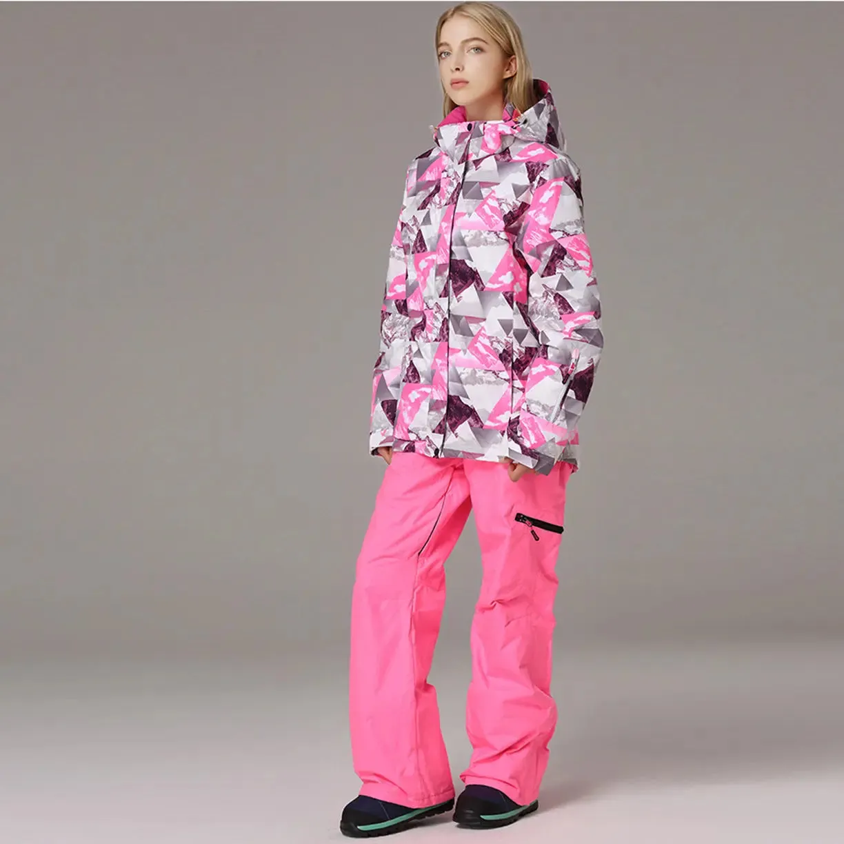 Women's Printed Zipper Button Ski Jacket & Bibs Pants